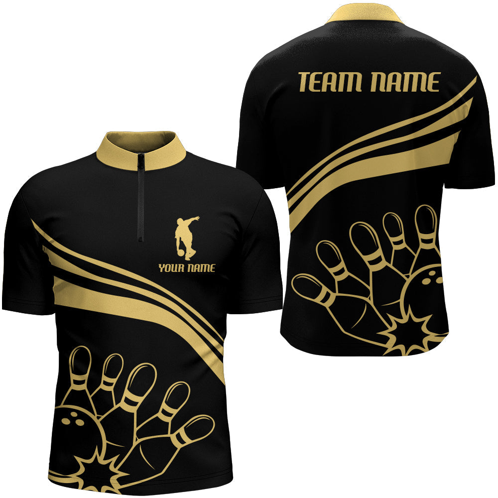 Men's Vintage Black & Gold Bowling Quarter-Zip Jersey B116