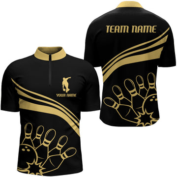 Men's Vintage Black & Gold Bowling Quarter-Zip Jersey B116