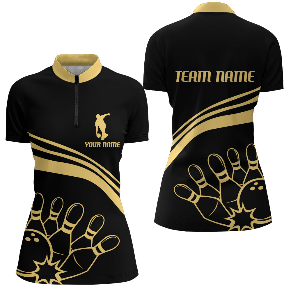 Black & Gold Women's Vintage Bowling Quarter-Zip Jersey B117