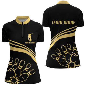 Black & Gold Women's Vintage Bowling Quarter-Zip Jersey B117