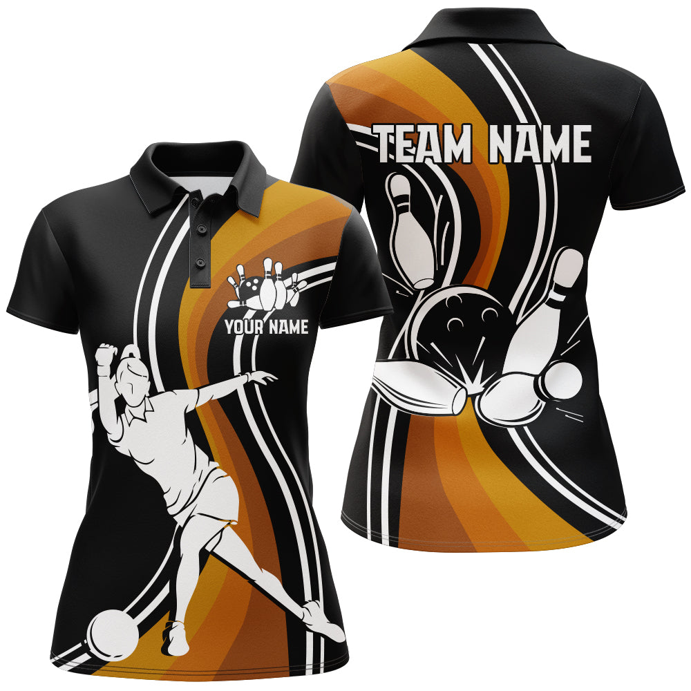 Women's Black & Orange Personalised Bowling Polo Shirt B127