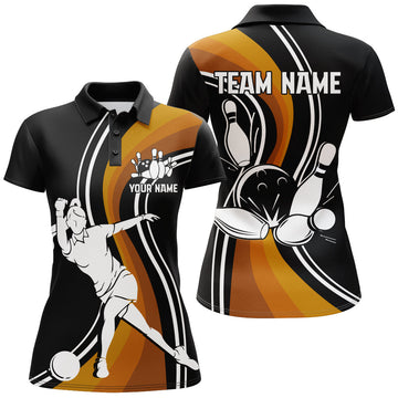 Women's Black & Orange Personalised Bowling Polo Shirt B127