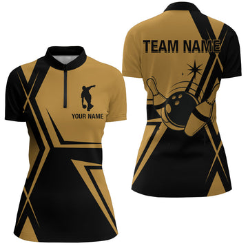 Black & Gold Women's Vintage Bowling Quarter-Zip Jersey B147