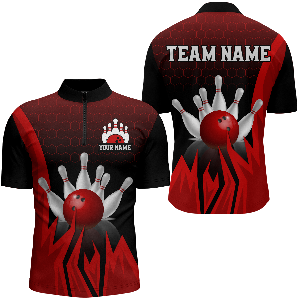 Custom Red Flame Bowling Quarter Zip Shirt for Men & Women B456