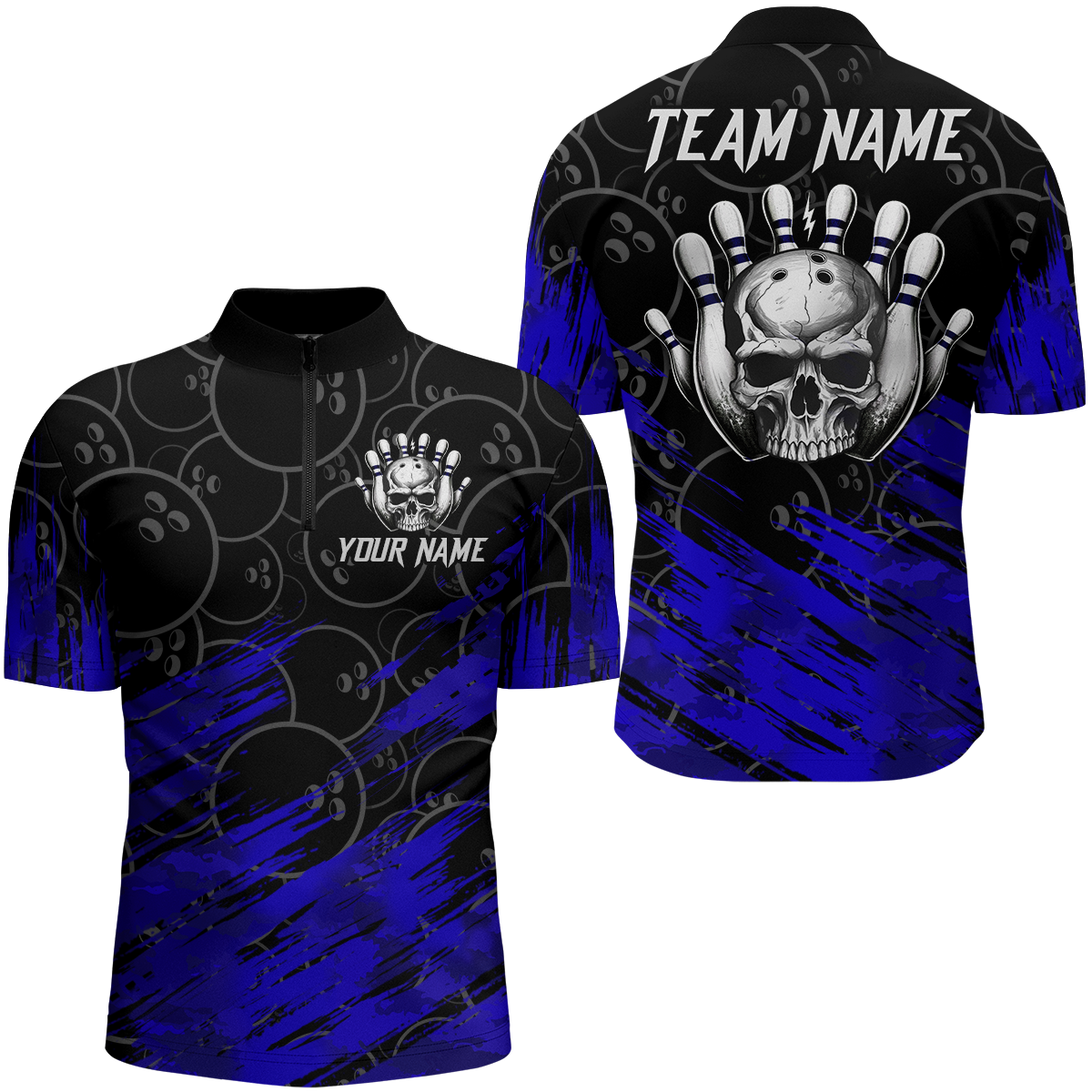 Blue Skull Bowling Team Jersey for Men & Women - Custom 1/4 Zip B470