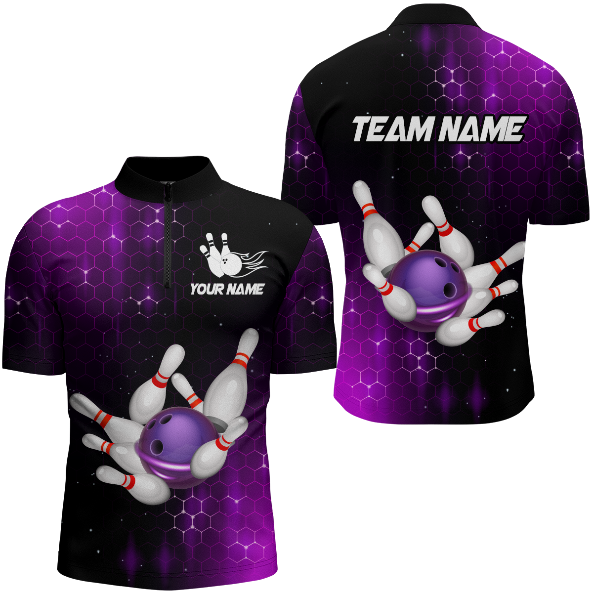 Personalised Purple Bowling 1/4 Zip Shirt for Men and Women B488