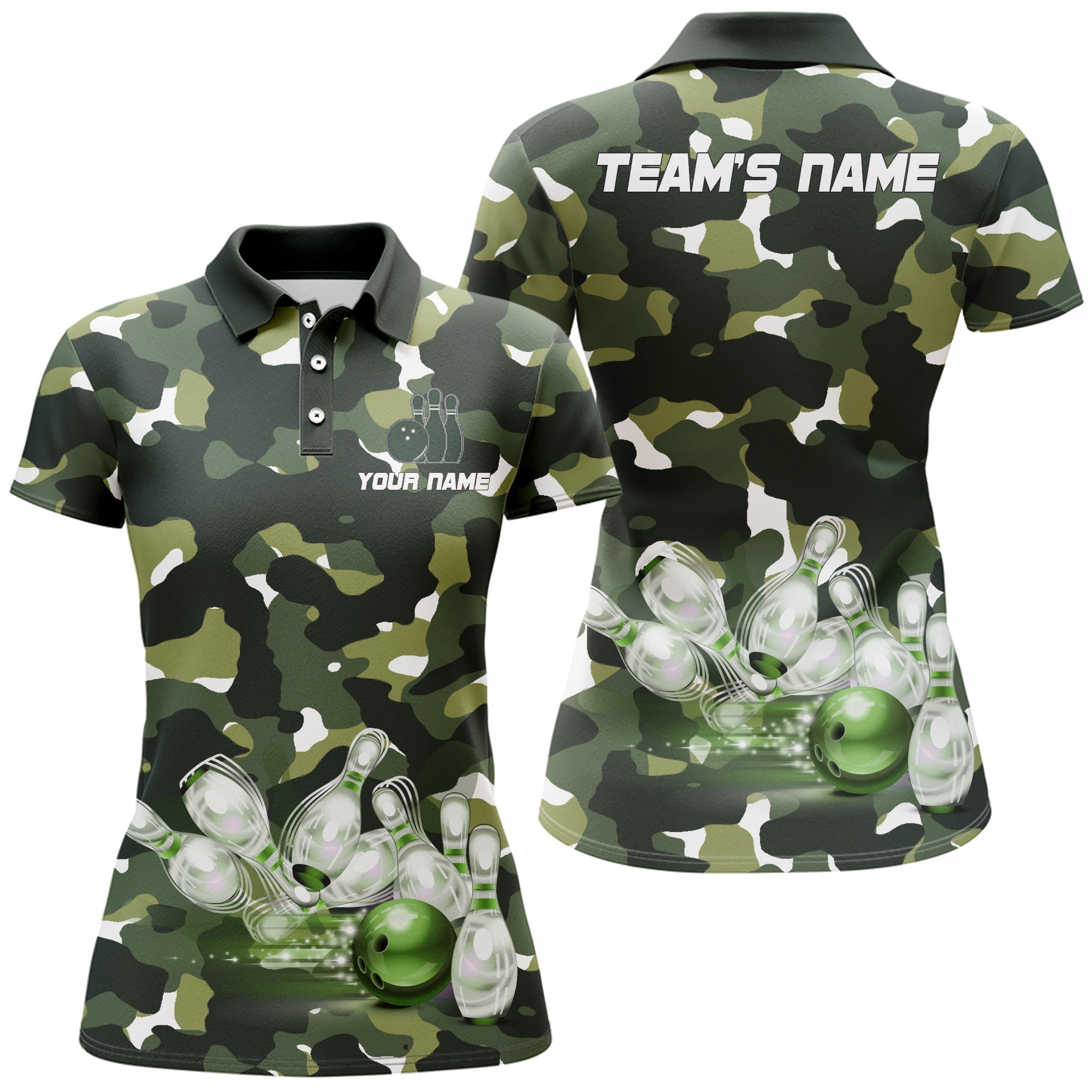 Women's Green Camo Bowling Polo Shirt B248