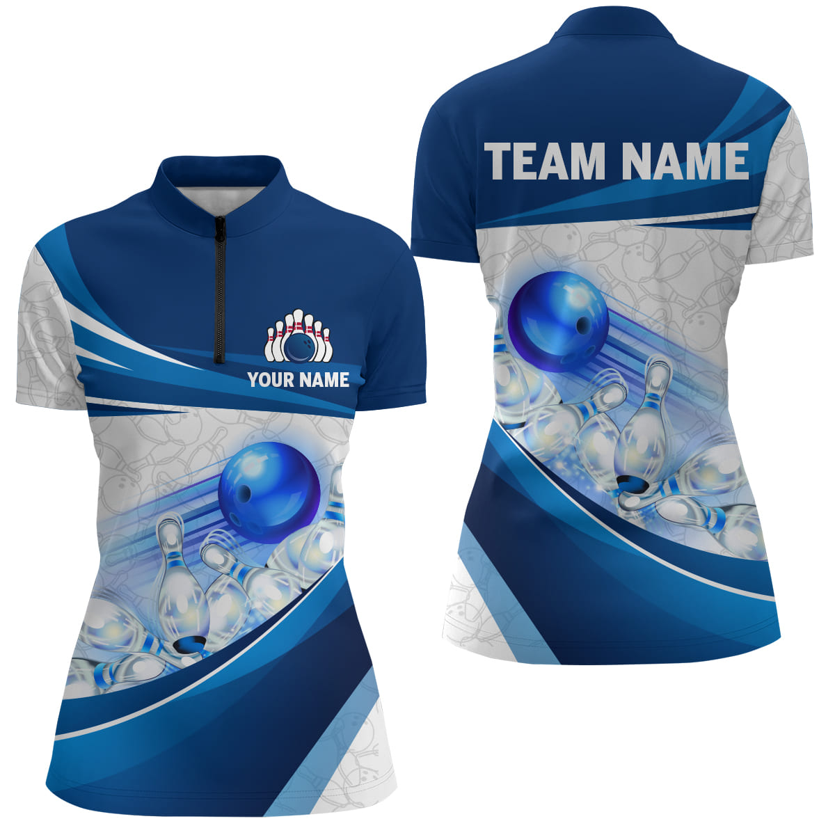 Women's Navy Bowling Team 3D Quarter-Zip Shirt B300