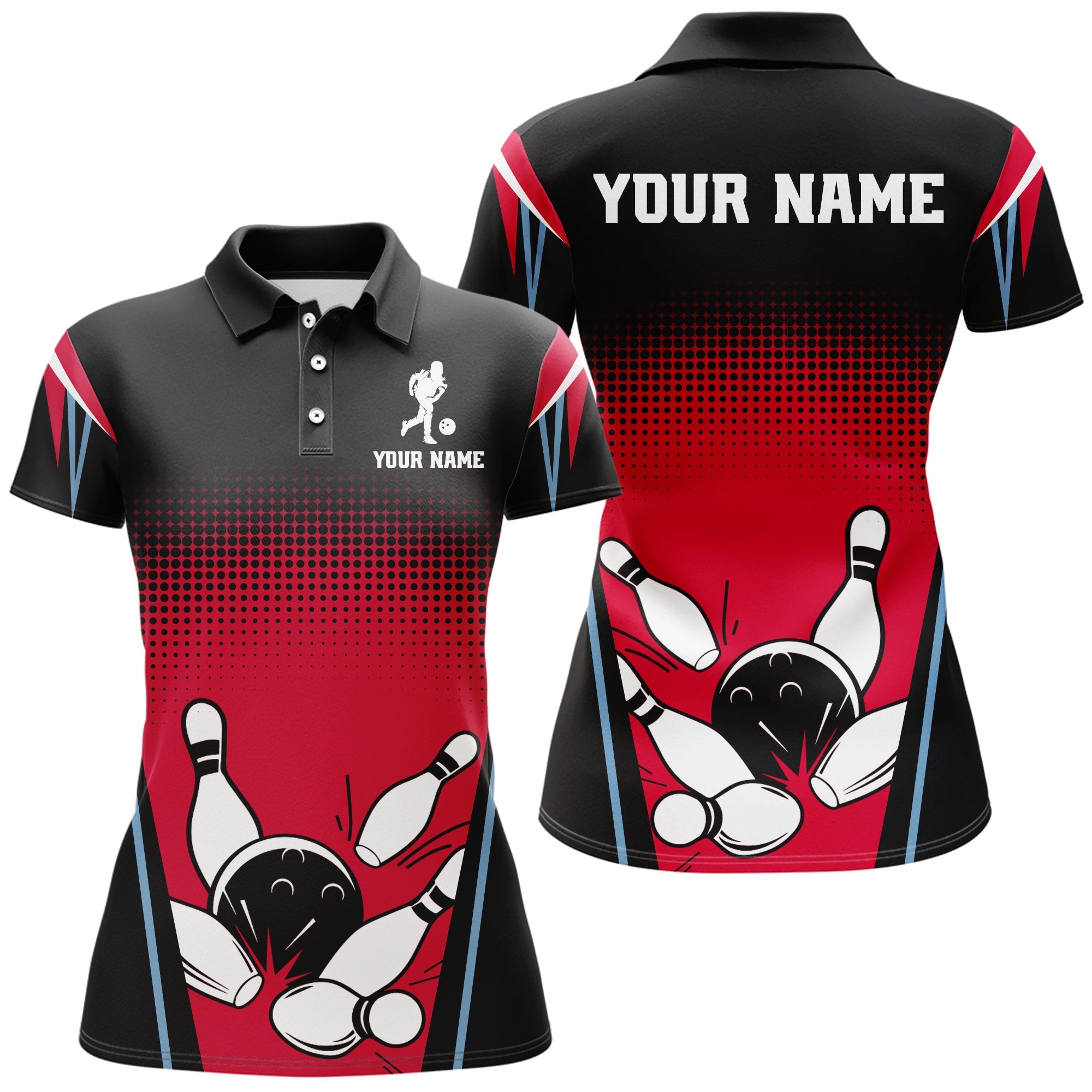Women's Custom Black & Red Bowling Polo Shirt B256
