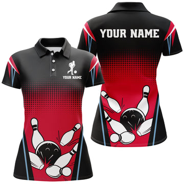 Women's Custom Black & Red Bowling Polo Shirt B256