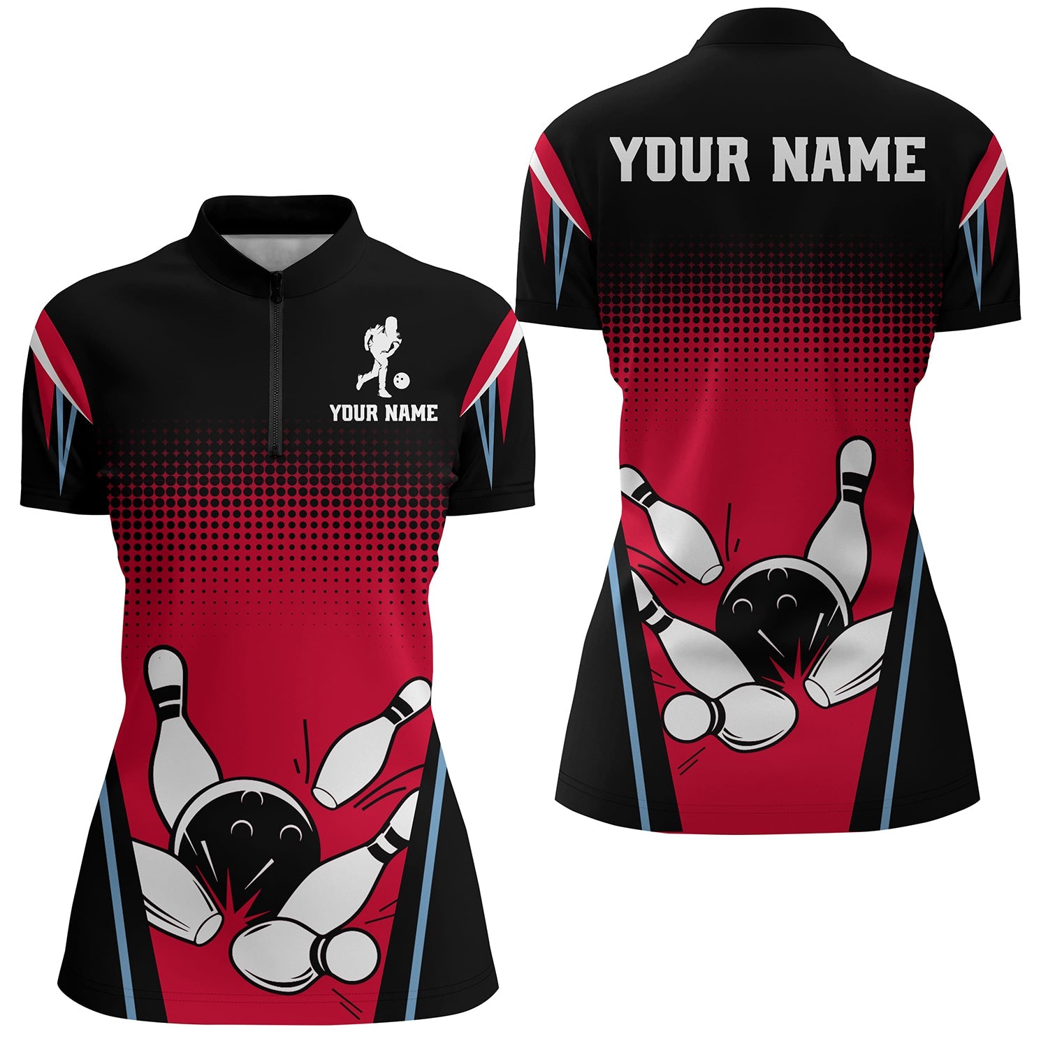 Women's Custom Black & Red Bowling Quarter-Zip Jersey B256