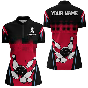 Women's Custom Black & Red Bowling Quarter-Zip Jersey B256