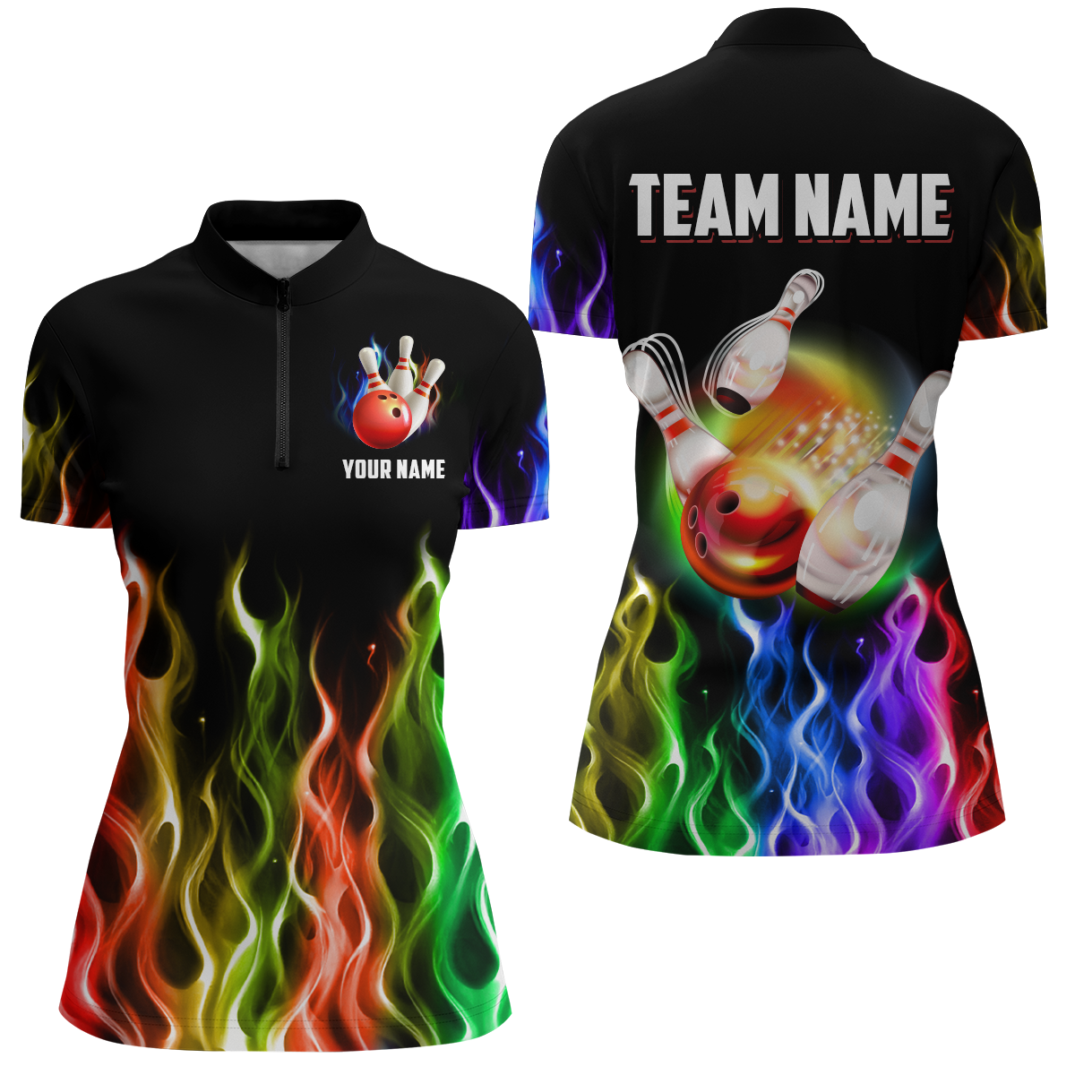 Personalised Women's Rainbow Flame Bowling Quarter-Zip Jersey B324