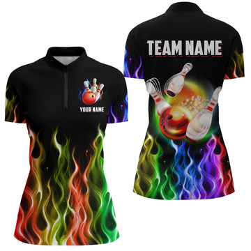 Personalised Women's Rainbow Flame Bowling Quarter-Zip Jersey B324