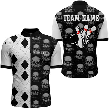Black Skull Bowling Quarter-Zip Shirt for Men B347