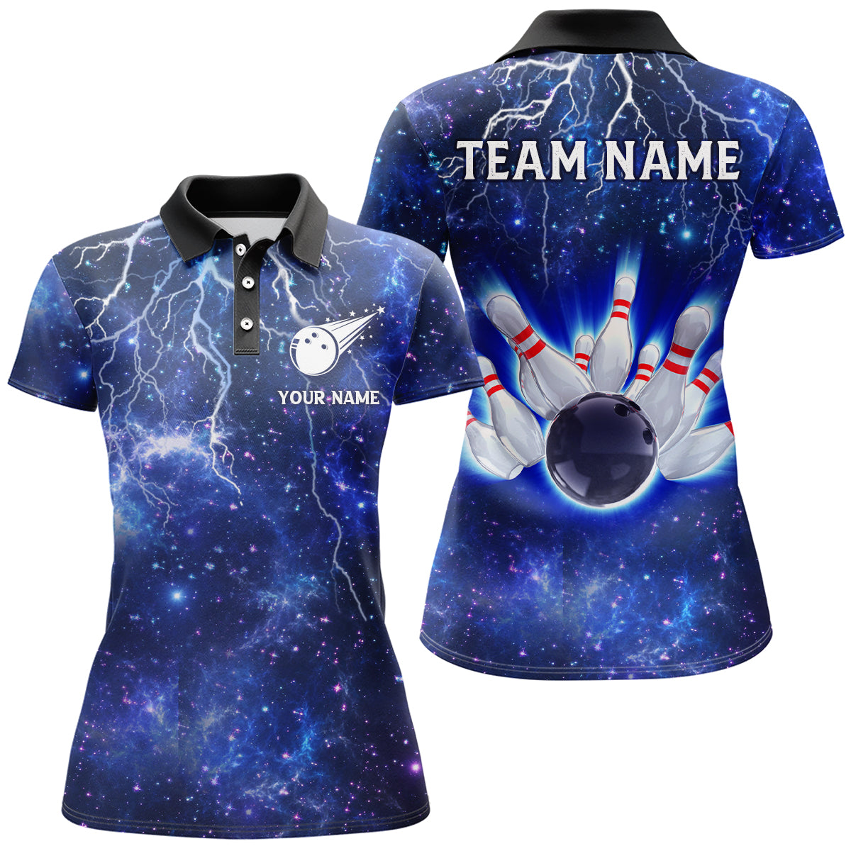 Women's Navy Bowling Polo Shirt - Lightning Thunder Team Jersey B331